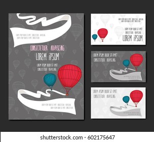 Vector set of templates invitation with balloons. Cards in gray and white colors. Red and green hot air balloon with ribbon for your text.