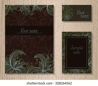 Vector set of templates invitations or greeting cards with decorative floral elements on a wooden background. Collection of templates in brown and light green colors.