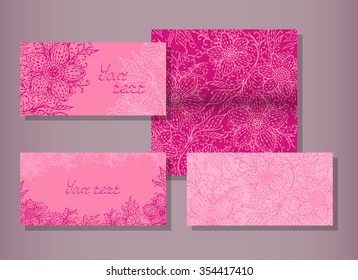 Vector set of templates invitations or greeting cards with decorative floral elements. Collection of templates in bright pink colors.