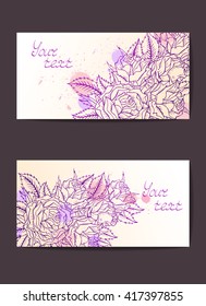 Vector set of templates invitations or greeting cards with hand drawn roses and watercolor elements. Collection of templates in purple colors.