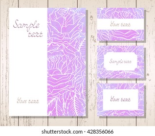 Vector set of templates invitations or greeting cards with hand drawn roses and watercolor elements on a wooden background. Collection of templates in violet colors.
