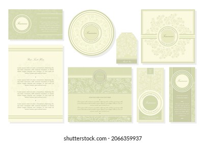 Vector set of templates. Label, packaging, business card, letter, banner, flyer. Brand identity for herbal, healthy, organic beauty products (cosmetic, tea) or florist, hotel. Vintage luxury design.