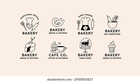 Vector set of templates linear logos for bakery, cafe, cupcake shop, pastries. Emblem with bakery objects