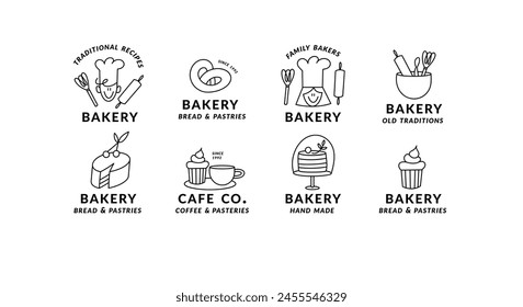 Conjunto de Vector de Plantillas logos lineales para panadería, cafetería, tienda de cupcakes, pastelería. Emblema con objetos de panadería