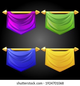 Vector set of templates of multicolored flags. A collection of bright blank hanging flags for the game.
