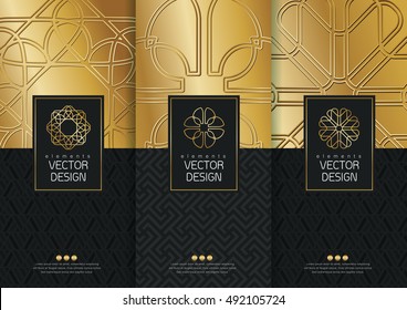 Vector set of templates packaging, black labels and frames for luxury products in trendy linear style,banner,identity, branding,golden pattern in trendy linear style, vector illustration