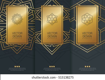 Vector set of templates packaging, black labels and frames for luxury products in trendy linear style,banner,identity, branding,golden pattern in trendy linear style, vector illustration