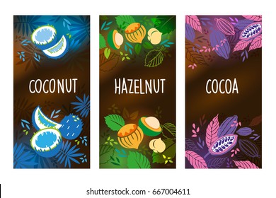 Vector set of templates packaging, Coconut, Hazelnut and Cocoa label. Vector illustration for your design