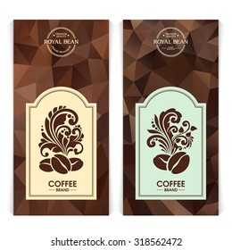 Vector set of templates packaging coffee, label, banner, poster, identity, branding. Abstract color background with ornamental design elements - coffee beans.