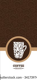 Vector set of templates packaging coffee, label, banner, poster, identity, branding. Ornate color pattern background with cup icon. Stylish design