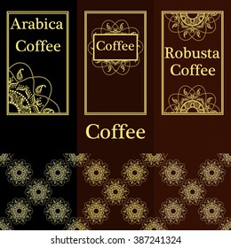 Vector set of templates packaging coffee, label, branding. Abstract vintage background with ornamental seamless pattern. Packaging design template, packaging design food, packaging design vector
