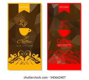 Vector set of templates packaging coffee, label, banner, poster, identity, branding. Abstract color background with ornamental design elements - coffee.