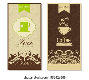 Vector set of templates packaging coffee, label, banner, poster, identity, branding. Abstract color background with ornamental design elements - coffee,tea.