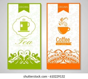 Vector set of templates packaging coffee, label, banner, poster, identity, branding. Abstract color background with ornamental design elements - coffee,tea.