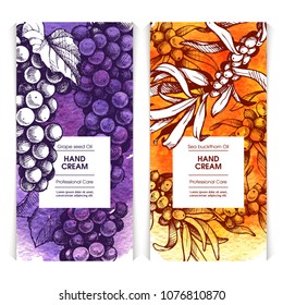 Vector set of templates packaging cosmetic, label, banner, poster, identity, branding. Stylish design hand cream with sketch illustration of grape and sea buckthorn on abstract watercolor background. 