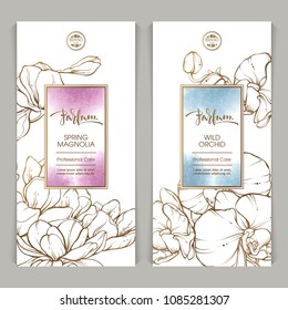 Vector set of templates packaging cosmetic, label, banner, poster, identity, branding. Stylish design parfume with graphic illustration of magnolia and orchid on abstract watercolor background.