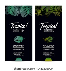 Vector set of templates packaging cosmetic, label, banner, poster, branding. Stylish design with tropical leaf illustrations. Hair care, skin care.