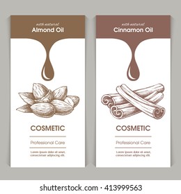 Vector set of templates packaging cosmetic, label, banner, poster, identity, branding. Stylish design with sketch illustration of almonds and cinnamon. Hair care, skin care. Natural oils.