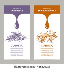 Vector set of templates packaging cosmetic, label, banner, poster, identity, branding. Stylish design with sketch illustration of lavender and sea buckthorn. Hair care, skin care. Essential oils.