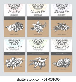Vector set of templates packaging cosmetic, label, banner, poster, identity, branding. Stylish design with ornamental  and sketch illustrations. Hair care, skin care. Essential oils.