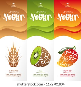 Vector set templates packaging dairy products, label, banner, poster, branding. Abstract color background with ornamental design elements - cereals, kiwi, mango. Stylish design for drinking yogurt