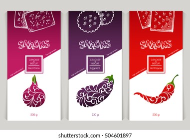 Vector Set Of Templates Packaging Design Snack Food, Label, Banner, Poster, Identity, Branding. Background With Sketch Hand Drawn Illustration - Cookies, Cracker, Biscuit.