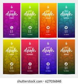 Vector Set Of Templates Packaging Energy Drink, Label, Banner, Poster, Identity, Branding. Abstract Color Drops Pattern Background With Fruit Icons. Stylish Design
