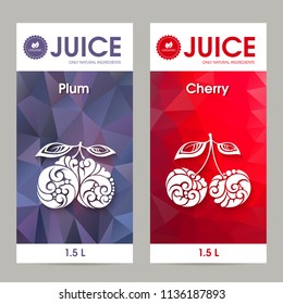Vector set of templates packaging fruit juice, label, banner, poster, identity, branding. Abstract color background with ornamental design elements - plum and cherry. Stylish design