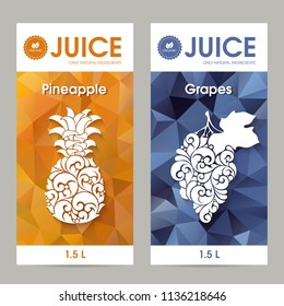 Vector set of templates packaging fruit juice, label, banner, poster, identity, branding. Abstract color background with ornamental design elements - pineapple and grapes. Stylish design