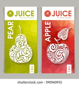 Vector set of templates packaging fruit juice, label, banner, poster, identity, branding. Abstract color background with ornamental design elements - pear and apple. Stylish design for fruit juice