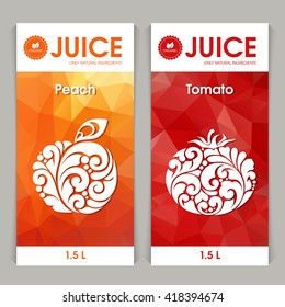 Vector set of templates packaging fruit juice, label, banner, poster, identity, branding. Abstract color background with ornamental design elements - peach and tomato. Stylish design for fruit juice