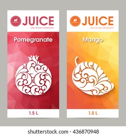 Vector set of templates packaging fruit juice, label, banner, poster, identity, branding. Abstract color background with ornamental elements mango and pomegranate. Stylish design for fruit juice