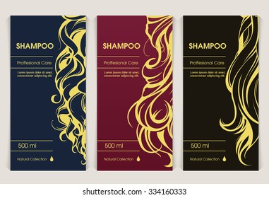 Vector set of templates packaging hair care cosmetics, label, banner, poster, identity, branding. Color background with golden curls tresses. Stylish design for shampoo, conditioner, mask, cosmetics