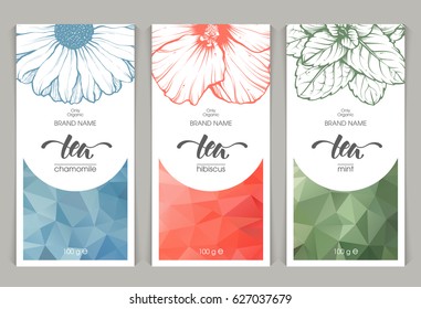 Conjunto vetorial de modelos de embalagem de chá de ervas, etiqueta, bandeira, cartaz, identidade, marca. Fundo de cor abstrato com ilustração gráfica linear - Camomila, hibisco, hortelã. Design elegante