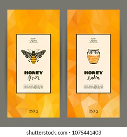 Vector set of templates packaging honey, label, banner, identity, branding. Color abstract background with ornamental illustration - honey bee, honey jars. Stylish design