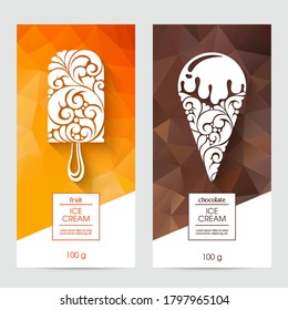 Vector set of templates packaging ice cream, label, banner, poster, identity, branding. Abstract color background with ornamental design elements - chocolate ice cream, ice lolly icon. Stylish design