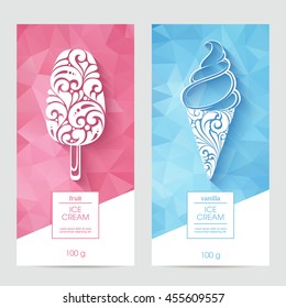 Vector set of templates packaging ice cream, label, banner, poster, identity, branding. Abstract color background with ornamental design elements - soft serve ice cream, ice lolly icon. Stylish design
