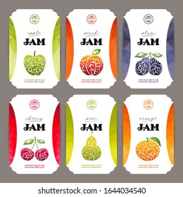 Vector set of templates packaging jam, label, banner, poster, identity, branding. Color abstract background with ornamental illustration - apple, peach, plum, cherry, pear, orange. Stylish design