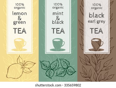 Vector set of templates packaging, label, banner, poster, identity, branding. Stylish design for black, green and herb tea.