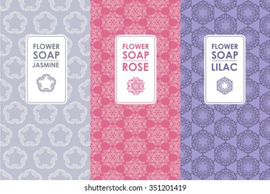 Vector set of templates packaging, label, banner, poster, identity, branding, logo icon, seamless pattern in trendy linear style for flower soup package - rose, jasmine, lilac soap