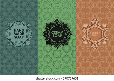 Vector set of templates packaging, label, banner, poster, identity, branding, logo icon, seamless pattern in trendy linear style for soup package - handmade, cream, organic soap