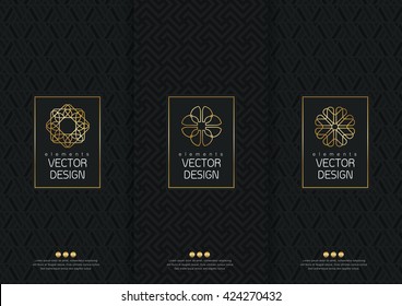 Vector set sjablonen verpakkingen, etiketten en frames voor het verpakken van luxe producten in trendy lineaire stijl, banner, identiteit, branding, patroon in trendy lineaire stijl, vector illustratie