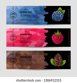 Vector set of templates packaging muesli bar, label, banner, poster, identity, branding. Color abstract background with ornamental illustration - blueberry, raspberry, chocolate. Stylish design