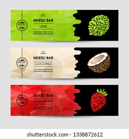 Conjunto vectorial de plantillas empaquetar barra muesli, etiqueta, banner, afiche, identidad, marca. Color de fondo abstracto con ilustración ornamental - lima, coco, fresa. Diseño elegante