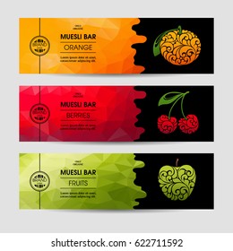 Vector set of templates packaging muesli bar, label, banner, poster, identity, branding. Color abstract background with ornamental illustration - orange, cherry, apple. Stylish design