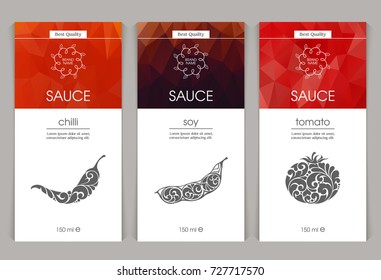 Vector set of templates packaging sauce, label, banner, poster, identity, branding. Color abstract background with ornamental illustration - soy, chilli, tomato. Stylish design
