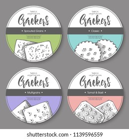 Vector set of templates packaging snack, label, banner, poster, identity, branding. Color background with sketch hand drawn illustration - crackers. Stylish design

