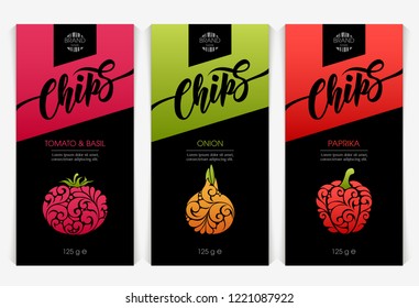 Vector set templates packaging snack products, label, banner, poster, branding. Abstract color background with ornamental design elements - tomato,onion, paprika. Stylish design for chips