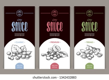 Vector set of templates packaging  soy sauce, label, banner, poster, identity, branding. Stylish design with lettering and hand drawn sketch illustration - soy beans. 