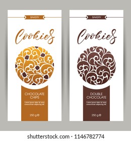 Vector set of templates packaging sweets, label, banner, poster, identity, branding.  Stylish design for baked goods with ornamental illustration - chocolate and chocolate chips oatmeal cookies
